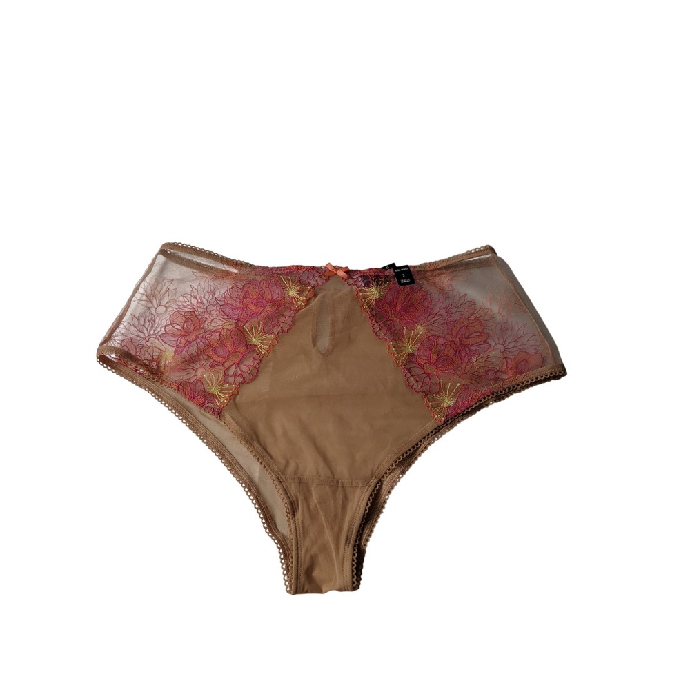 Torrid Curve Women 2 High Waist Panty Sheer Mesh Floral Embroidered Tan Pink